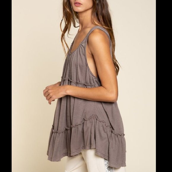 POL Ash Brown Ruffle Tank Top Open Low Scoop Back Relaxed Fit - Picture 3 of 4
